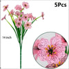A bouquet of five artificial pink violet flowers on a green stem, shown alongside a close-up detail.