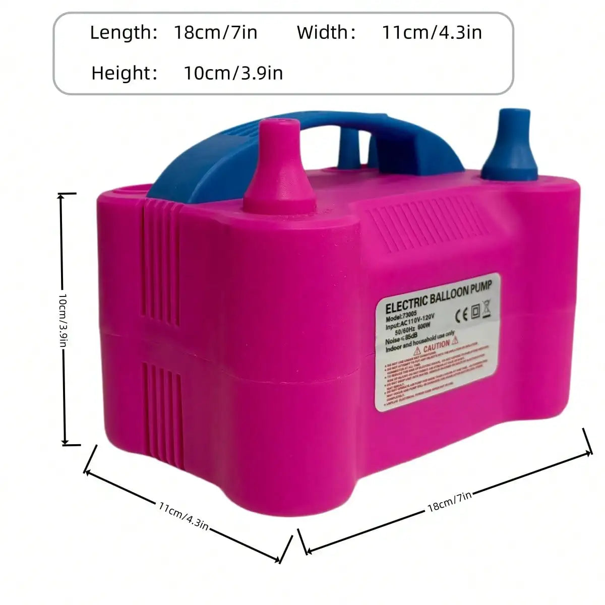A pink electric balloon pump with blue components, showing its dimensions and features.