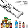 Stainless steel adjustable jar and bottle opener with various sizes of jars and bottles shown.
