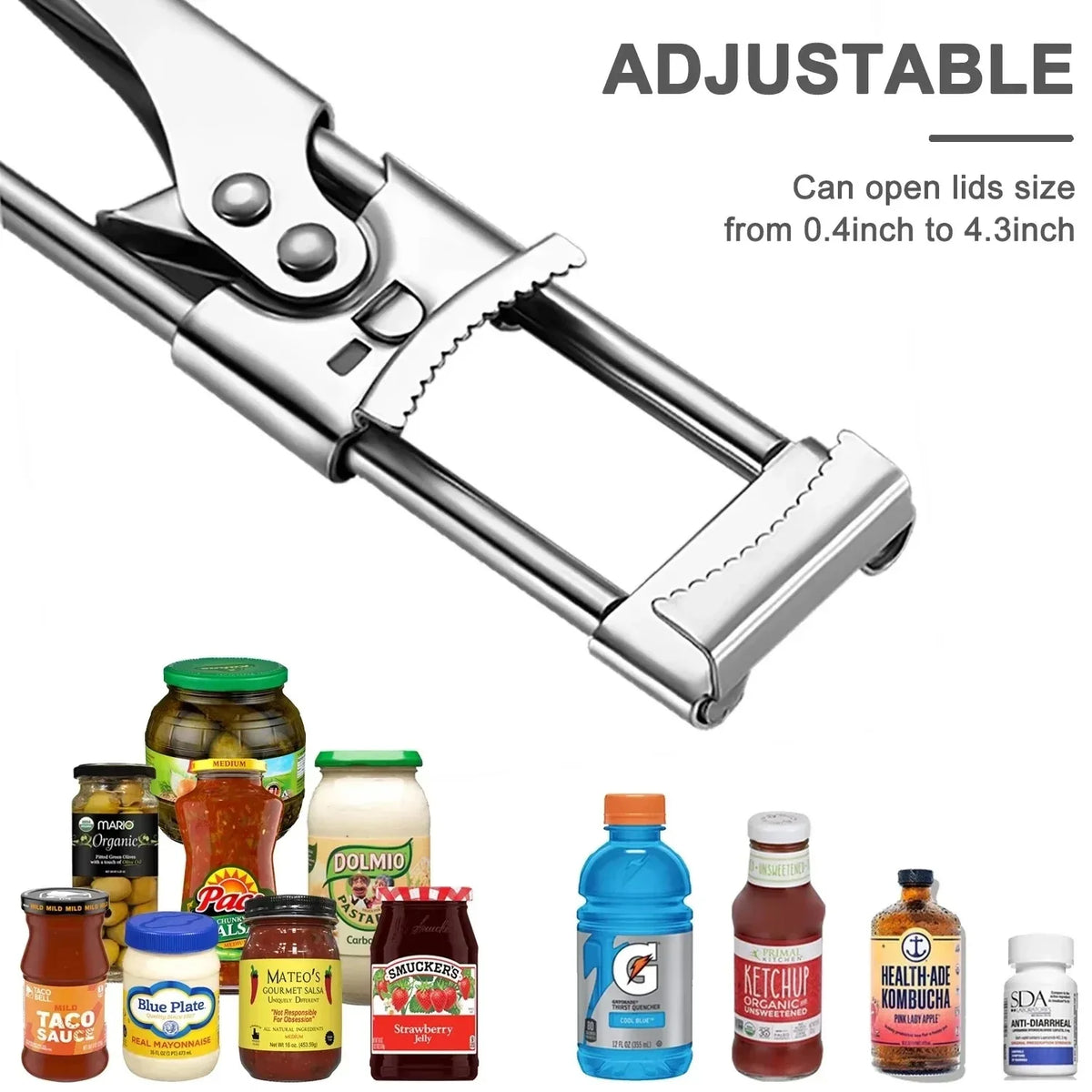 Stainless steel adjustable jar and bottle opener with various sizes of jars and bottles shown.