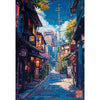 Ukiyo-e anime city street canvas wall art depicting a narrow, sunlit alleyway between traditional buildings.