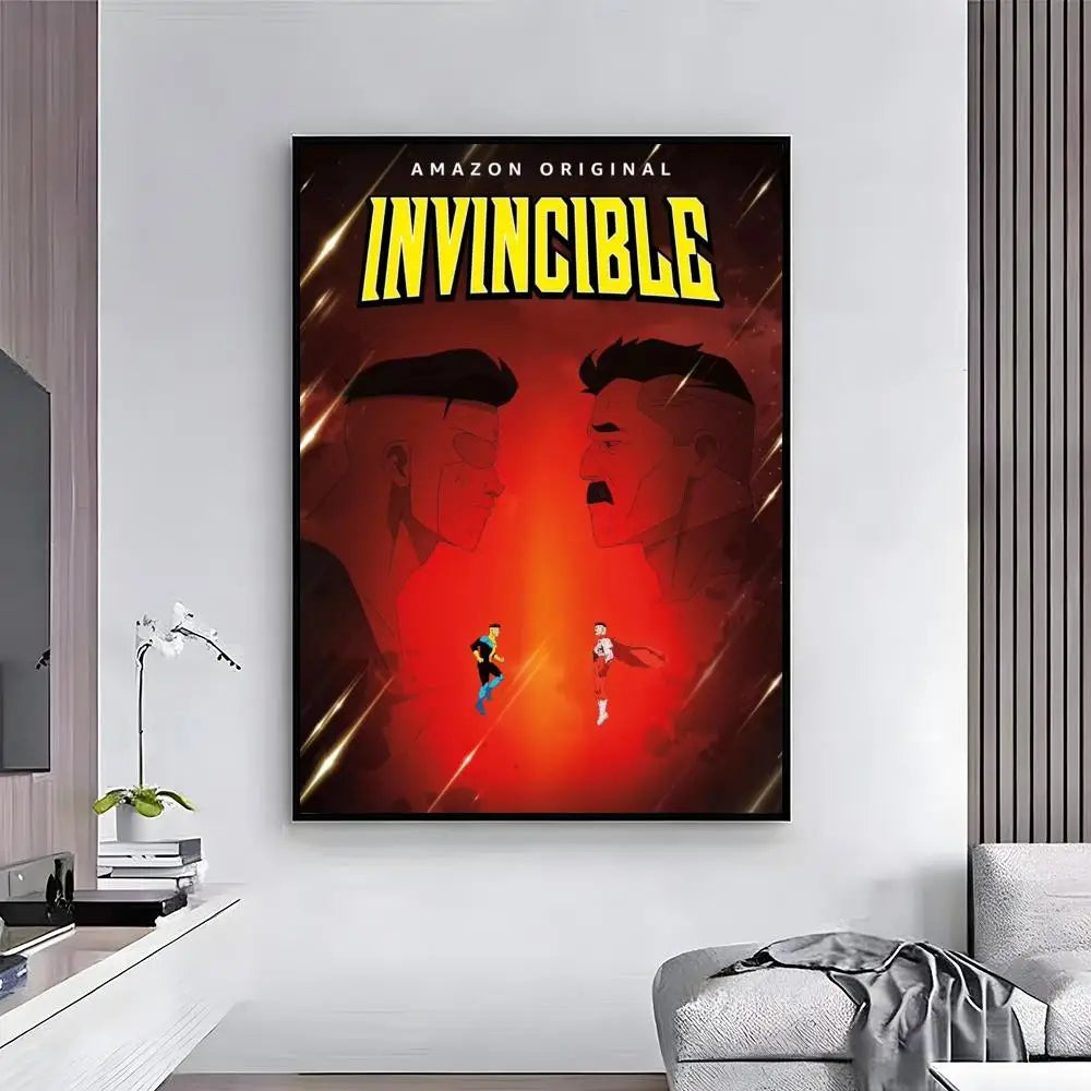 Amazon original poster featuring the title invincible with two male figures in a dramatic red light background