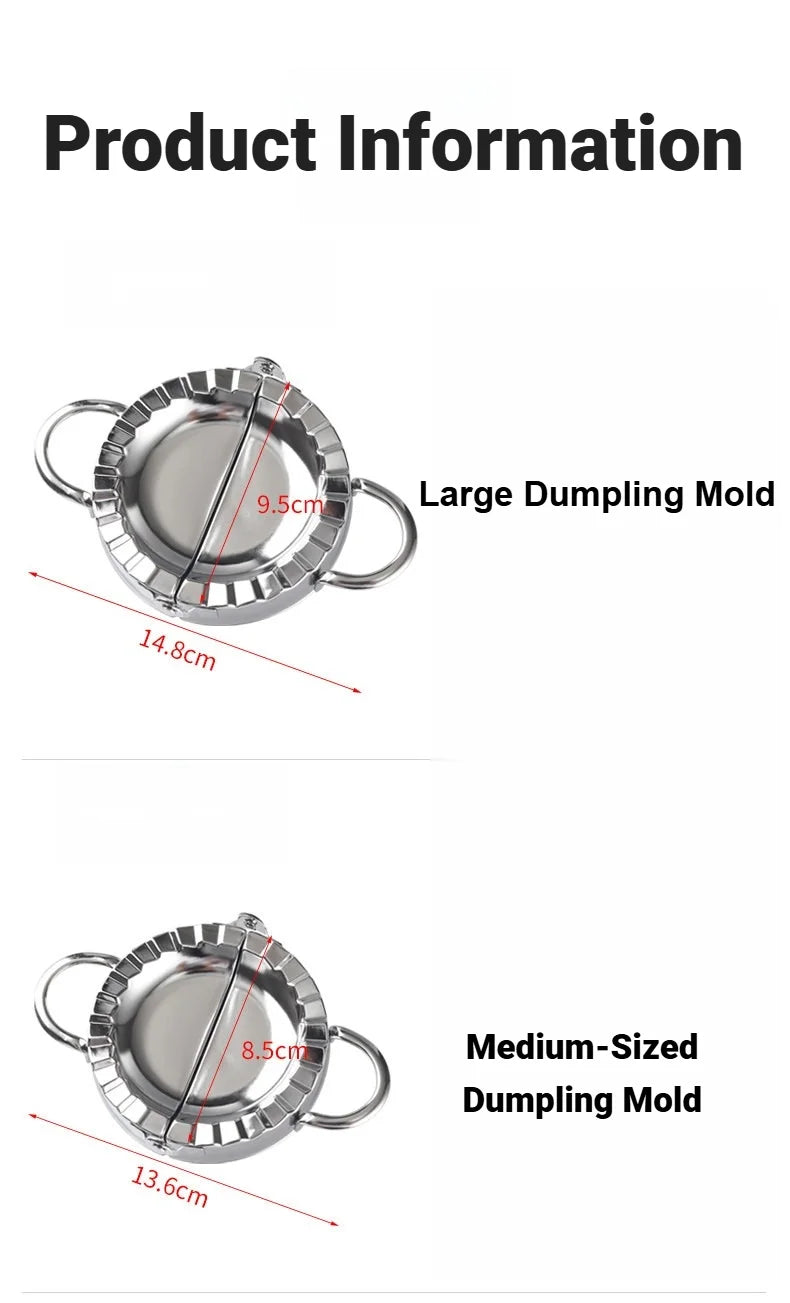 Stainless steel dumpling mold with a crimped edge shown in two sizes, large and medium.