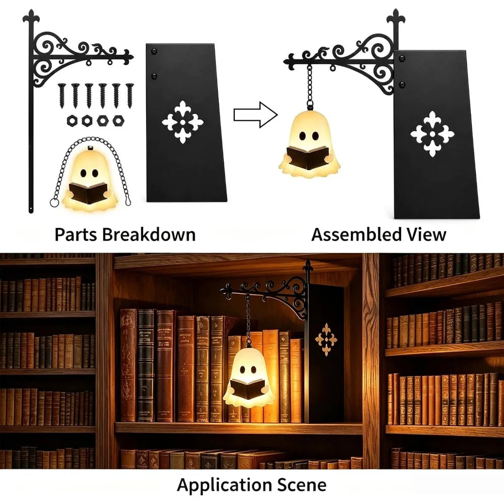 A black vintage gothic bookshelf reading lamp with a warm amber glow shown in parts breakdown, assembled view, and applicatio