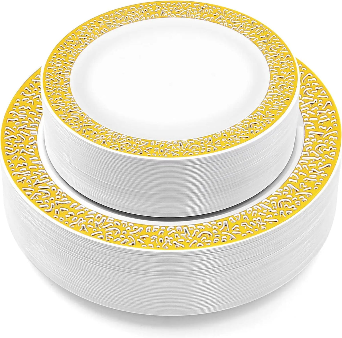 A stack of white plastic dinner and dessert plates with an elegant gold rim.