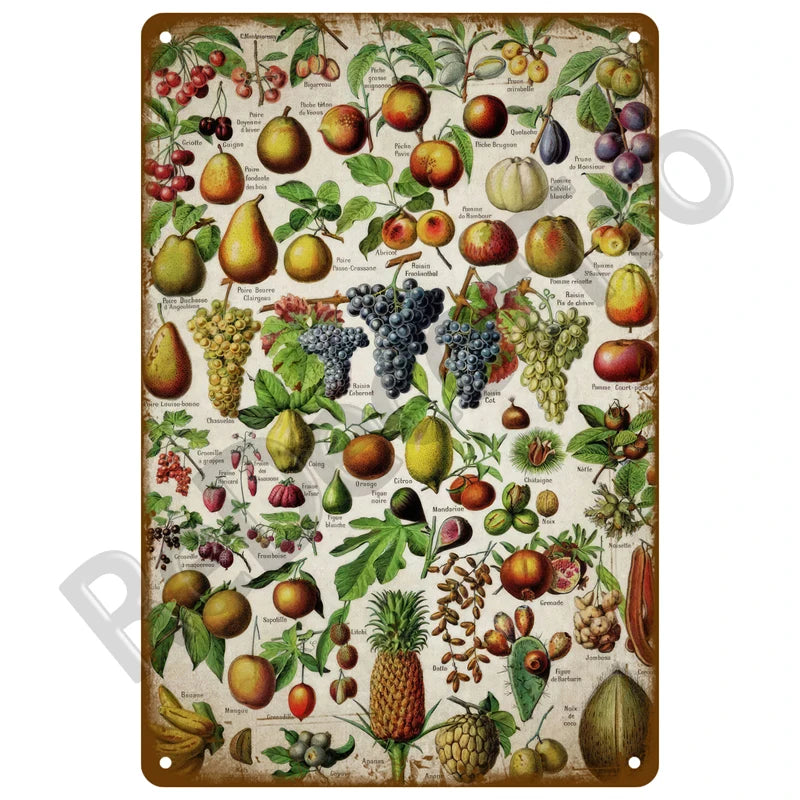Vintage metal tin sign featuring various fruits and vegetables for garden and home decor