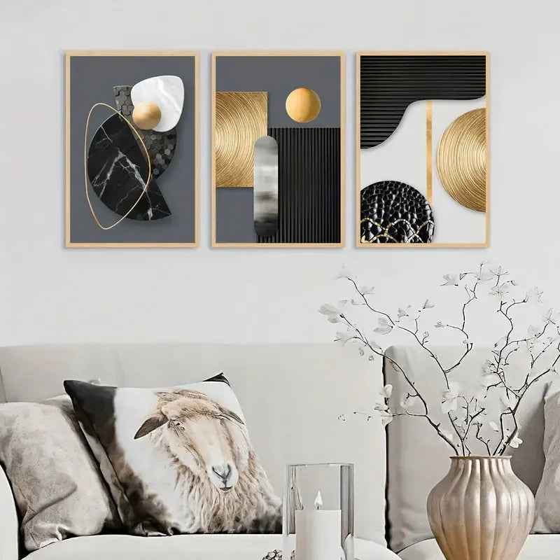 A set of three abstract marble geometry canvas art prints featuring gold and black tones displayed on a white wall.