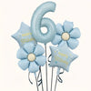 A set of light blue foil balloons shaped like the number six and a flower, used for birthday celebrations.