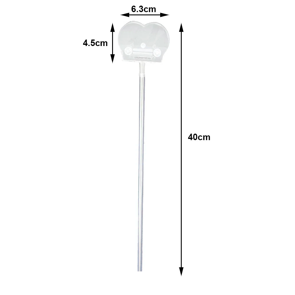 A transparent balloon holder stick with a 6.3cm head and a 40cm shaft.