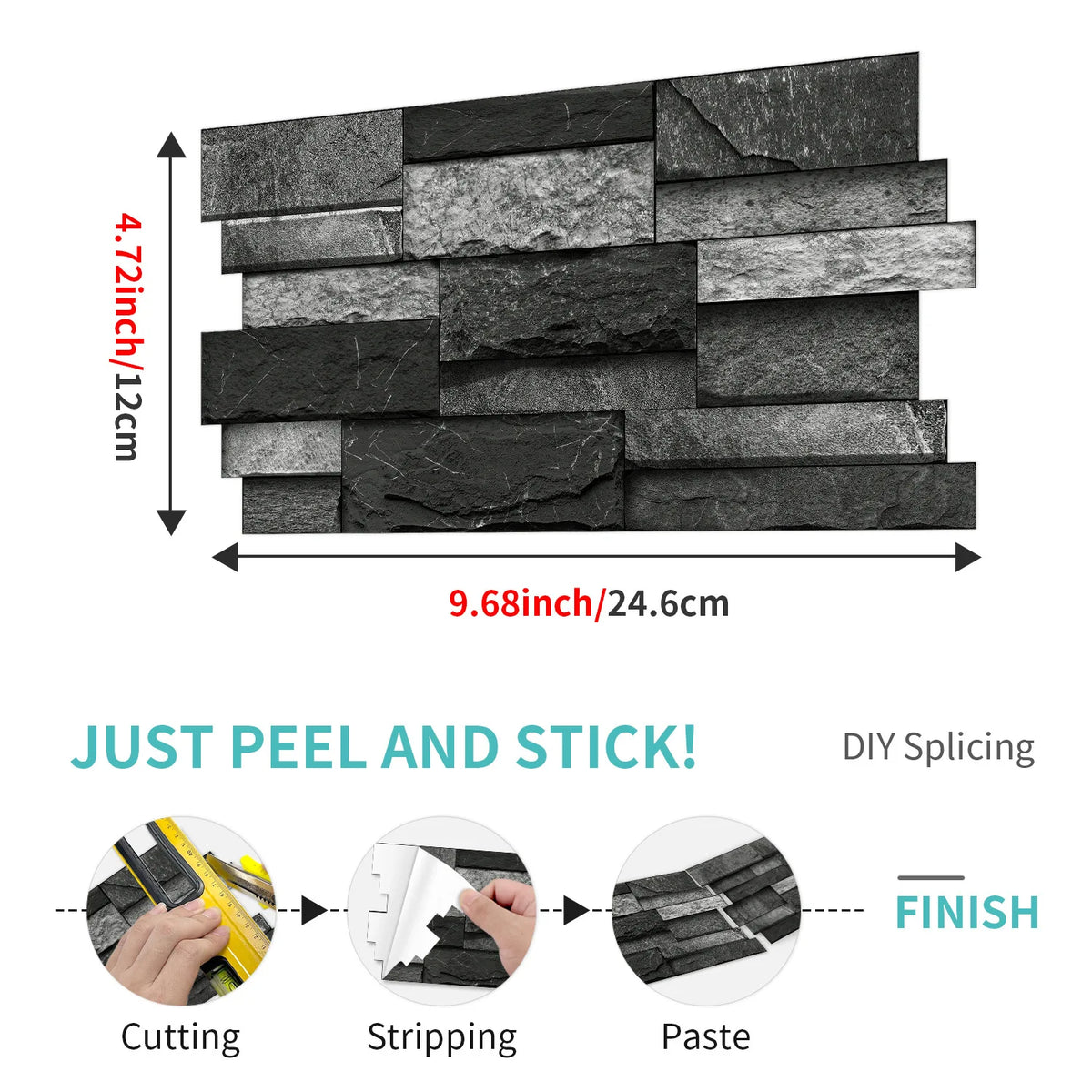 DIY marble wall sticker tiles showing the process of cutting, stripping, and applying paste for finish