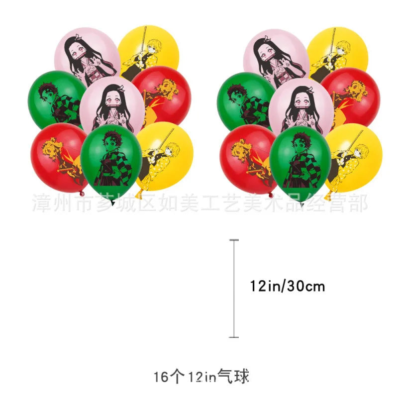 A set of 16 12-inch balloons featuring Demon Slayer characters in various colors like pink, yellow, and green.