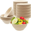 A stack of light brown biodegradable disposable paper bowls and a bowl filled with fresh vegetables.