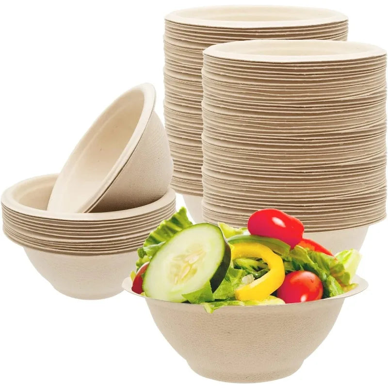 A stack of light brown biodegradable disposable paper bowls and a bowl filled with fresh vegetables.