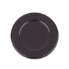 A black gas stove burner cap set with a round, flat design.