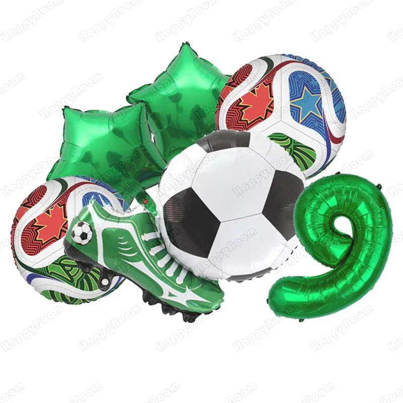 A set of six green and multi-colored soccer themed balloons including a ball and a soccer ball.