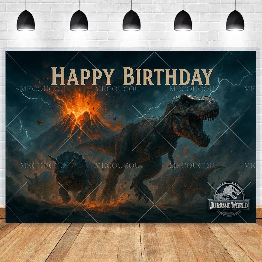 A dark backdrop featuring a dinosaur silhouette and the text Happy Birthday with lightning effects.