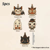 A set of five vintage wooden Halloween hanging ornaments featuring a Vampire Bat, Witch Owl, Ghost, Skeleton, and Black Cat.
