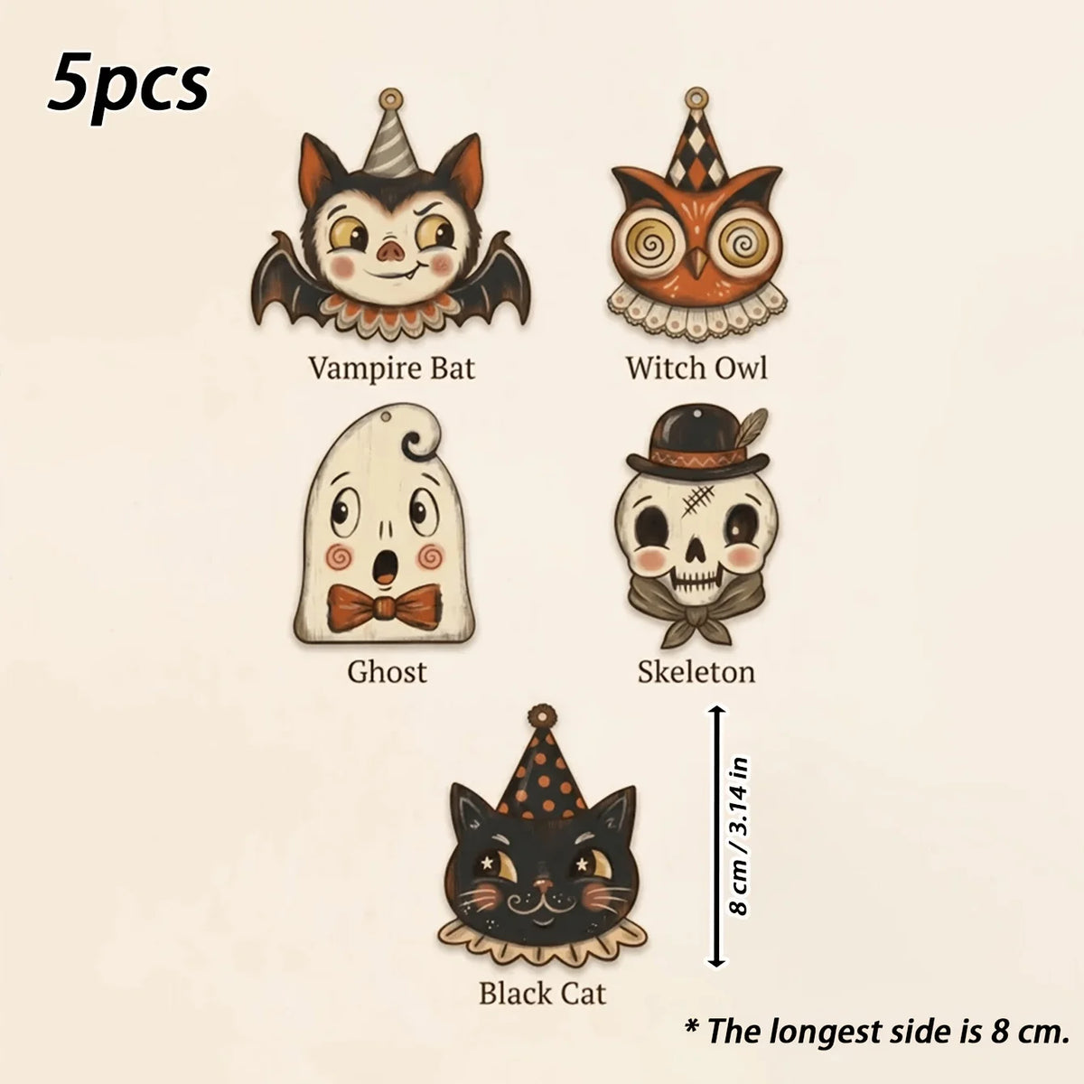 A set of five vintage wooden Halloween hanging ornaments featuring a Vampire Bat, Witch Owl, Ghost, Skeleton, and Black Cat.