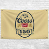 A beige banner featuring the Coors Banquet beer logo with text indicating 150 years since 1873.
