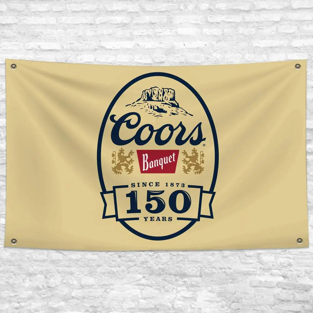 A beige banner featuring the Coors Banquet beer logo with text indicating 150 years since 1873.