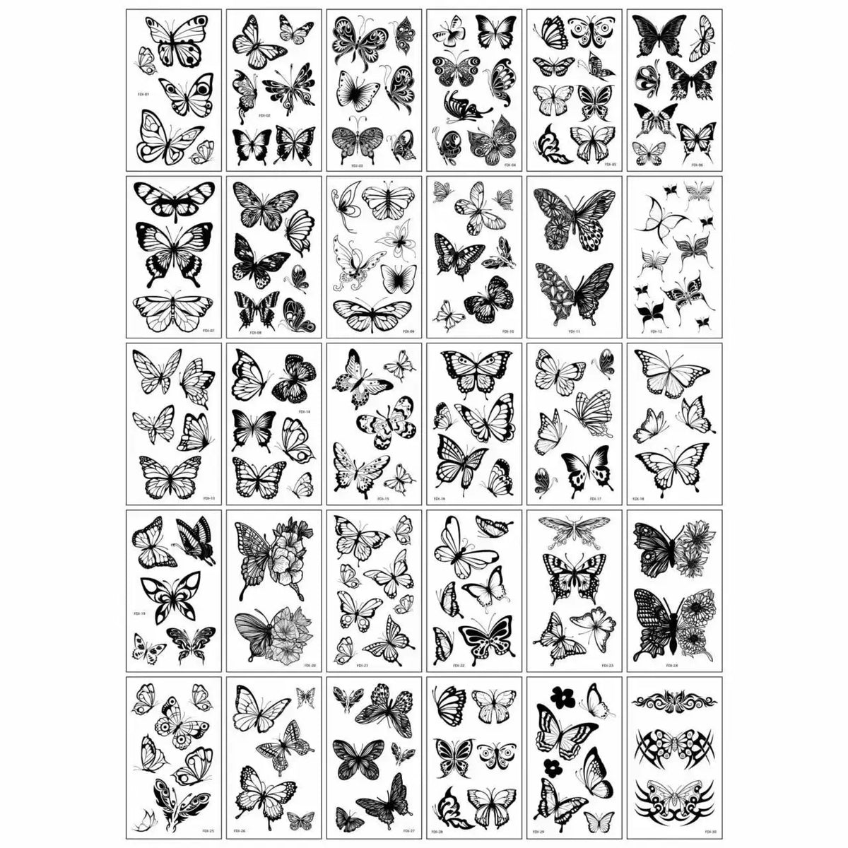 A collection of 30 waterproof temporary body art stickers featuring various butterfly and floral designs.
