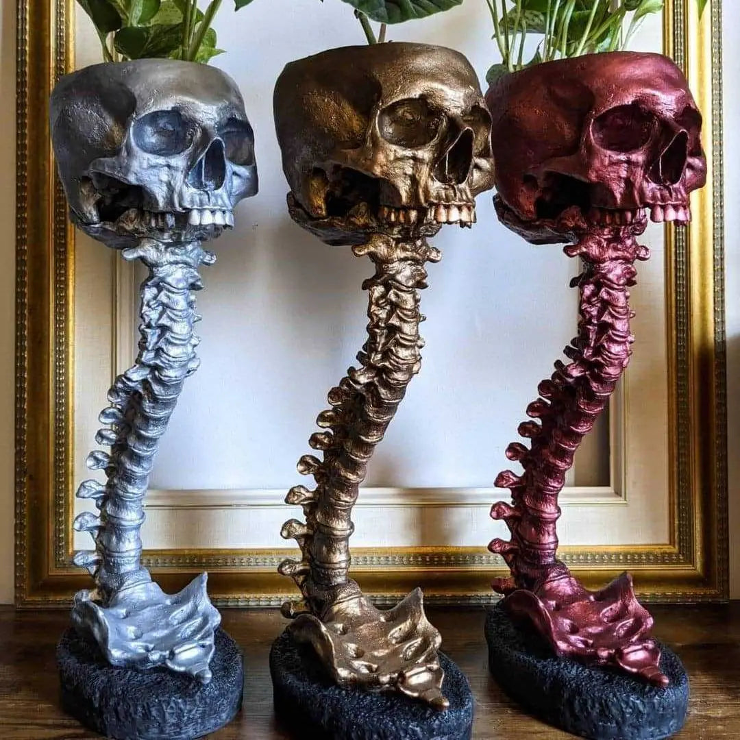 Ein Set aus drei realistischen Schädelpflanzern mit strukturierten Stielen und metallischen Finishes in einem goldenen Rahmen