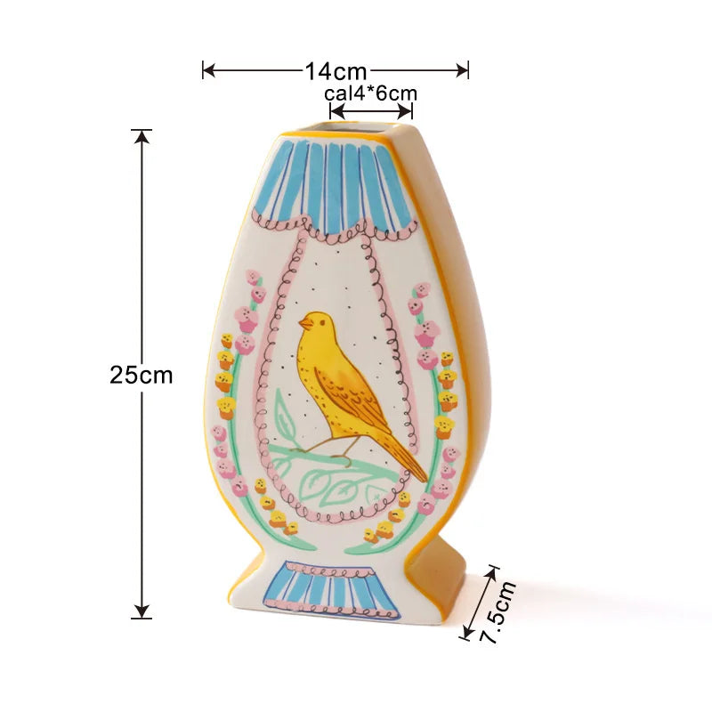 A ceramic bird floral vase with a yellow bird design and blue accents, measuring 25cm tall.
