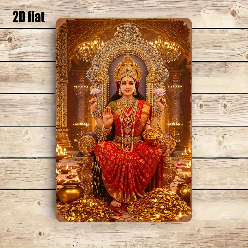 2D flat metal Durga Lakshmi wall art statue depicting a goddess in ornate traditional attire and jewelry.