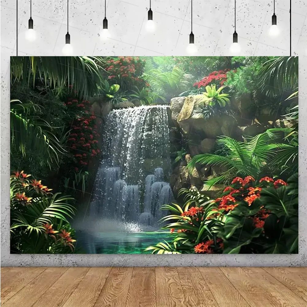 Forest Waterfall Wonderland Photography Backdrop