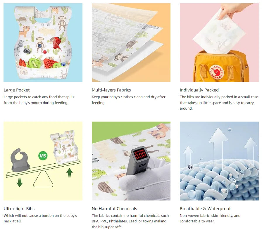 Disposable baby bibs with a large pocket for catching food, individually packaged and waterproof