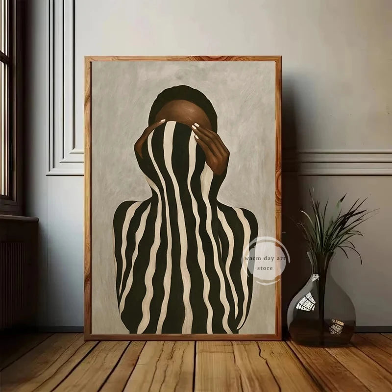Abstract African Woman Canvas Art – Black & White Striped Print