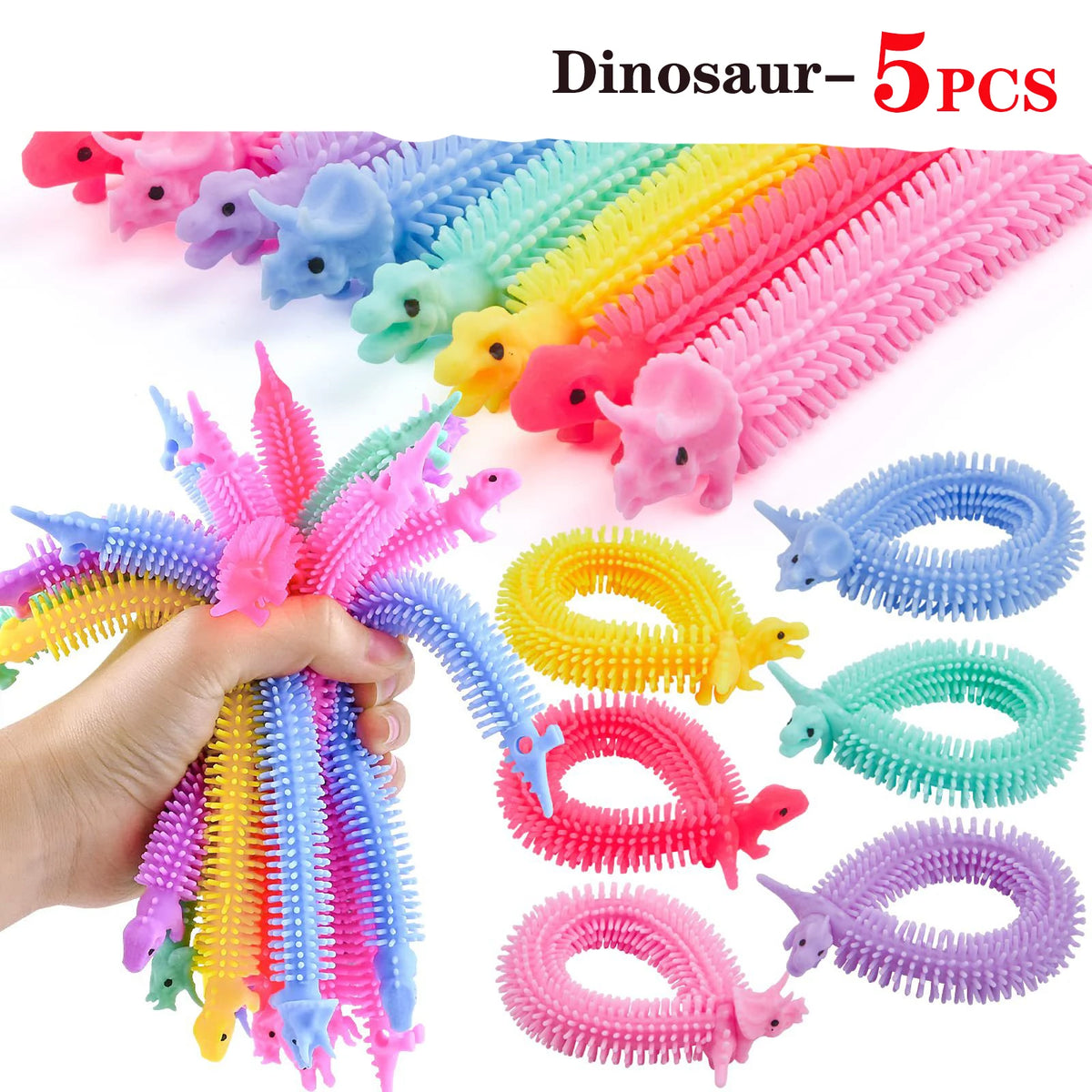 A set of five colorful dinosaur-shaped stretch sensory fidget toys for play