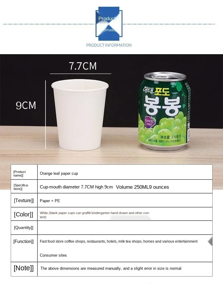 A green aluminum can of beverage next to a white disposable paper cup and product information details.