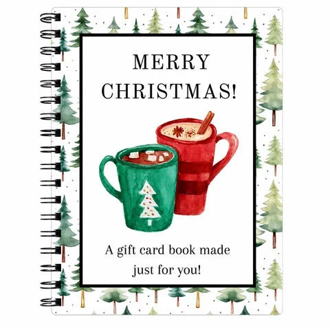 A festive illustration of a red mug filled with hot cocoa and cinnamon, set against a green Christmas tree background.