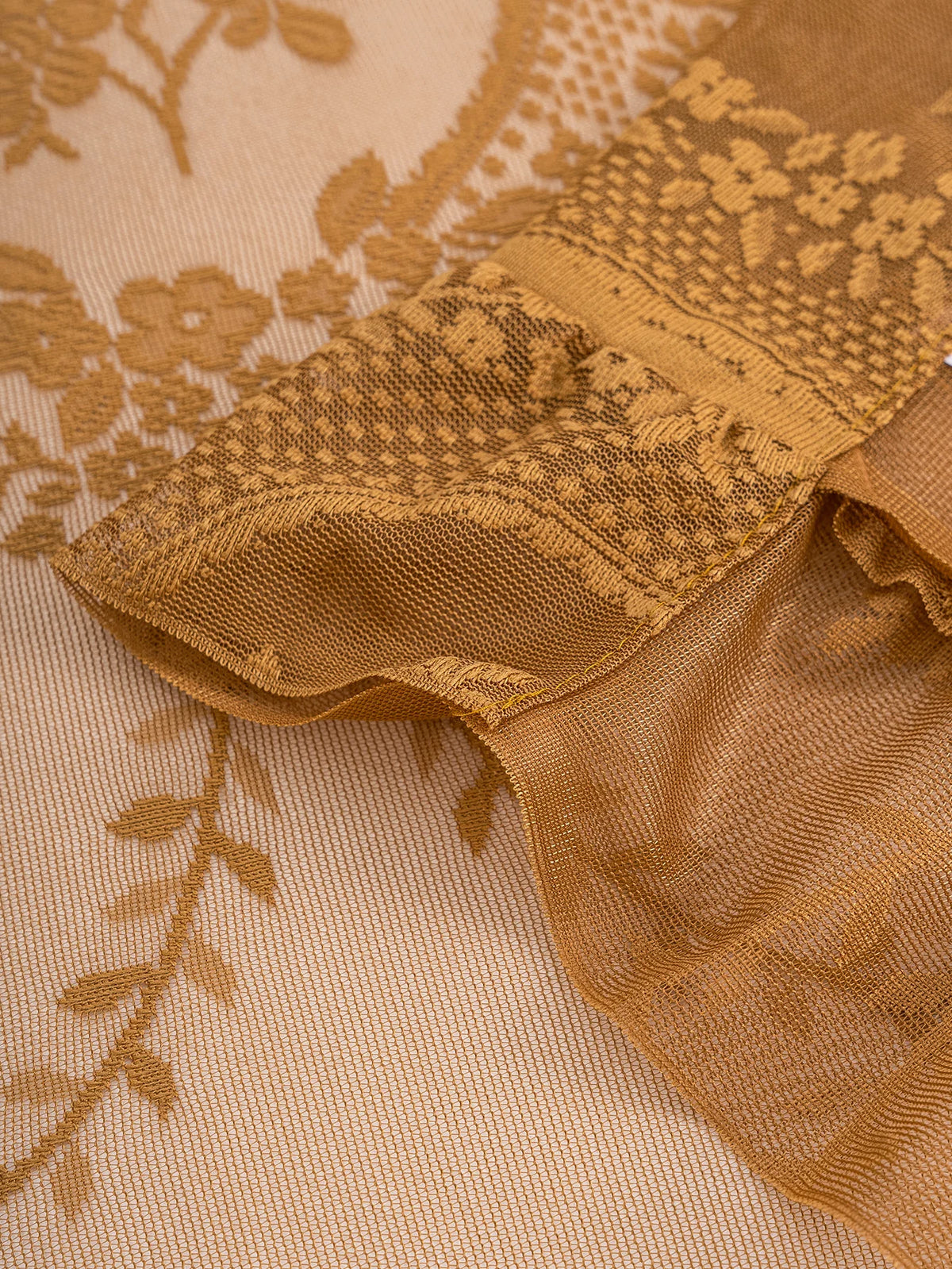 Vintage Golden Floral Lace Sheer Curtains with Ruffled Edge