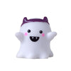 A white and purple resin craft miniature ghost decor with a smiling face.
