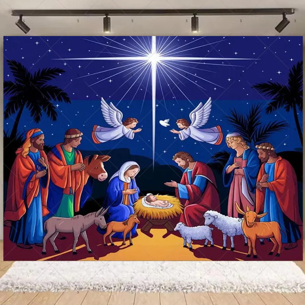 Starry Night Nativity Scene Backdrop for Christmas Celebrations