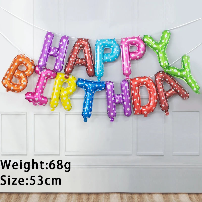A banner of 13 foil letter balloons spelling out HAPPY BIRTHDAY strung across a white door.