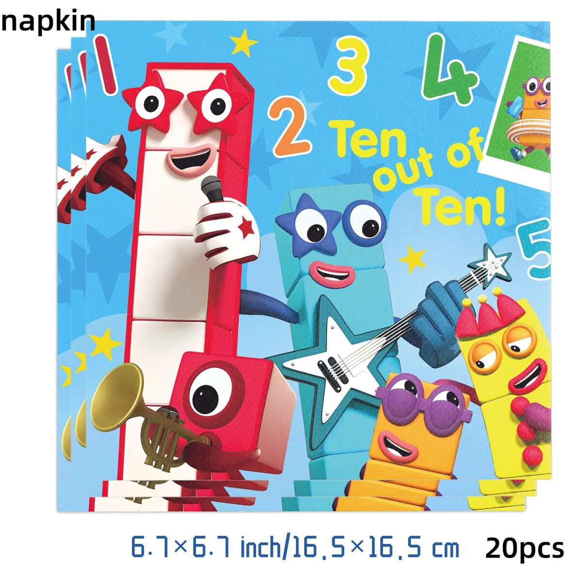 A set of colorful building blocks shaped like characters for a birthday party decoration.