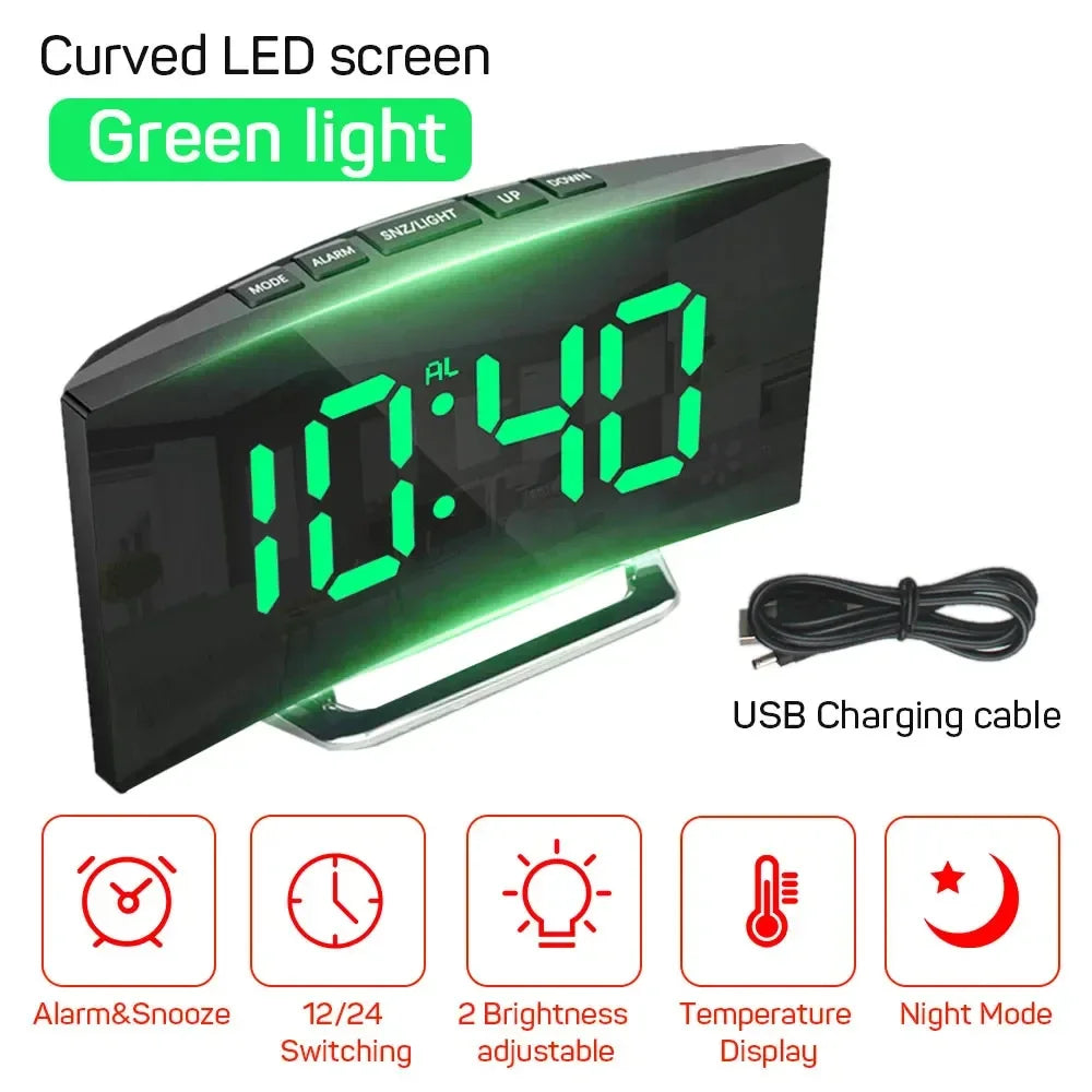 A curved LED screen alarm clock displaying 10:40 with green light, featuring functions like alarm, snooze, and night mode.