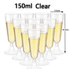 A set of 150ml clear disposable champagne glasses with stems shown in a vertical arrangement.