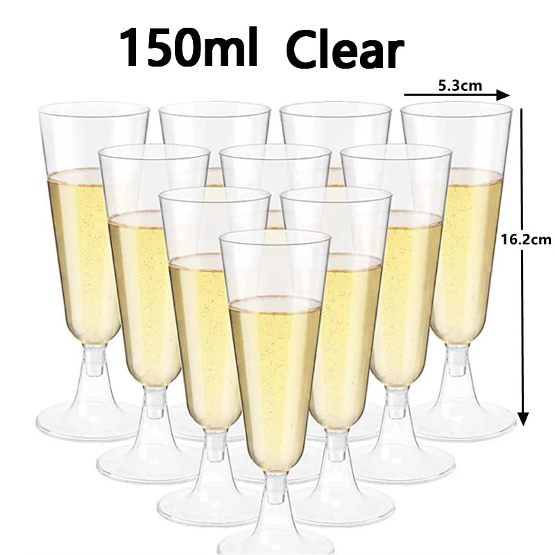 A set of 150ml clear disposable champagne glasses with stems shown in a vertical arrangement.