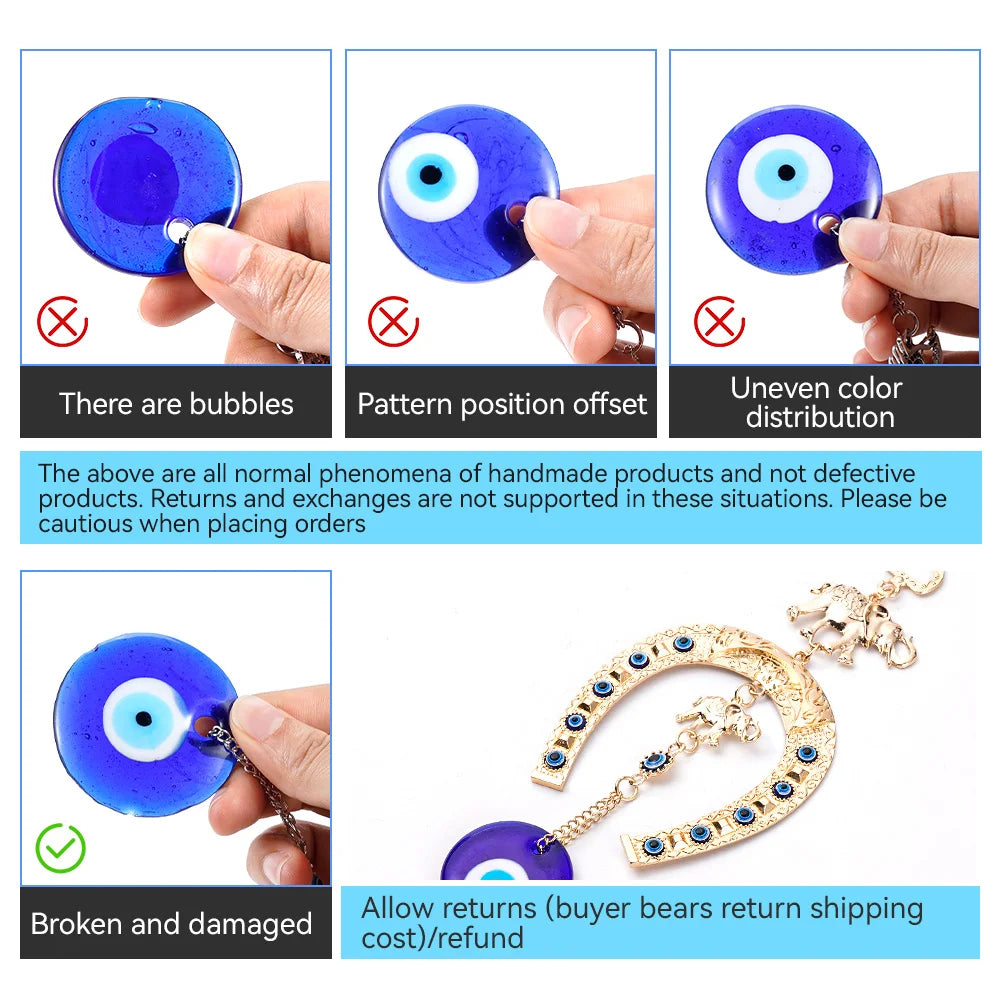 A blue eye amulet horseshoe wall hanging featuring an elephant charm