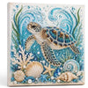 Diamond painting featuring a sea turtle surrounded by various seashells and aquatic plants
