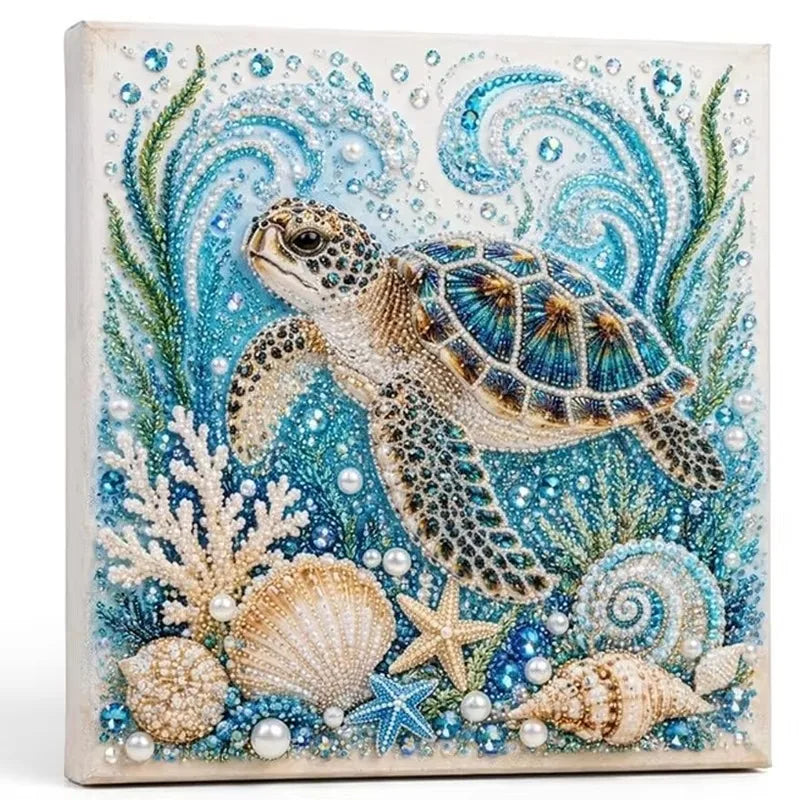 Diamond painting featuring a sea turtle surrounded by various seashells and aquatic plants