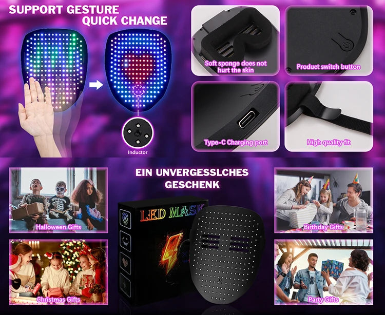 Gesture-activated LED mask and related accessories for support gesture quick change