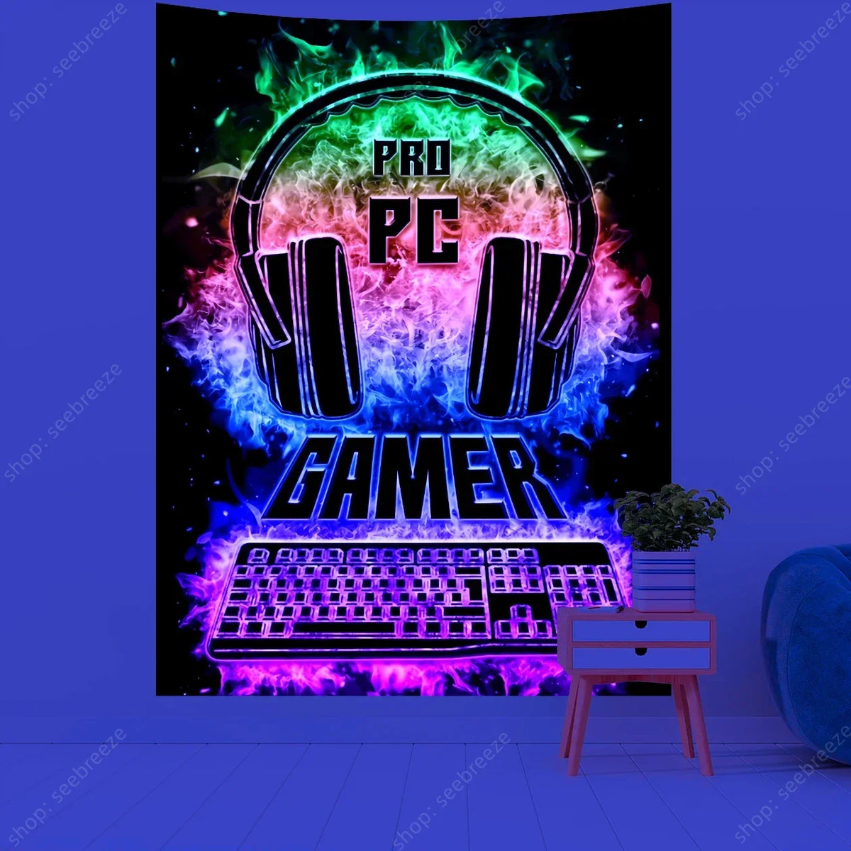 A vibrant neon gaming setup featuring headphones, a keyboard, and a gamer text on a dark background.