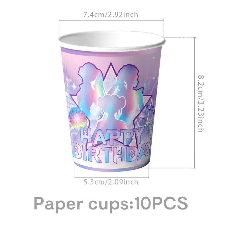 A purple and pink paper cup featuring a sparkly silhouette design for a happy birthday party.