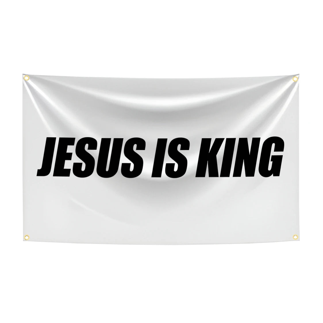A white fabric banner with the black text JESUS IS KING displayed on a flag.