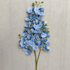 A sprig of blue butterfly orchid flowers on a green stem against a light background.